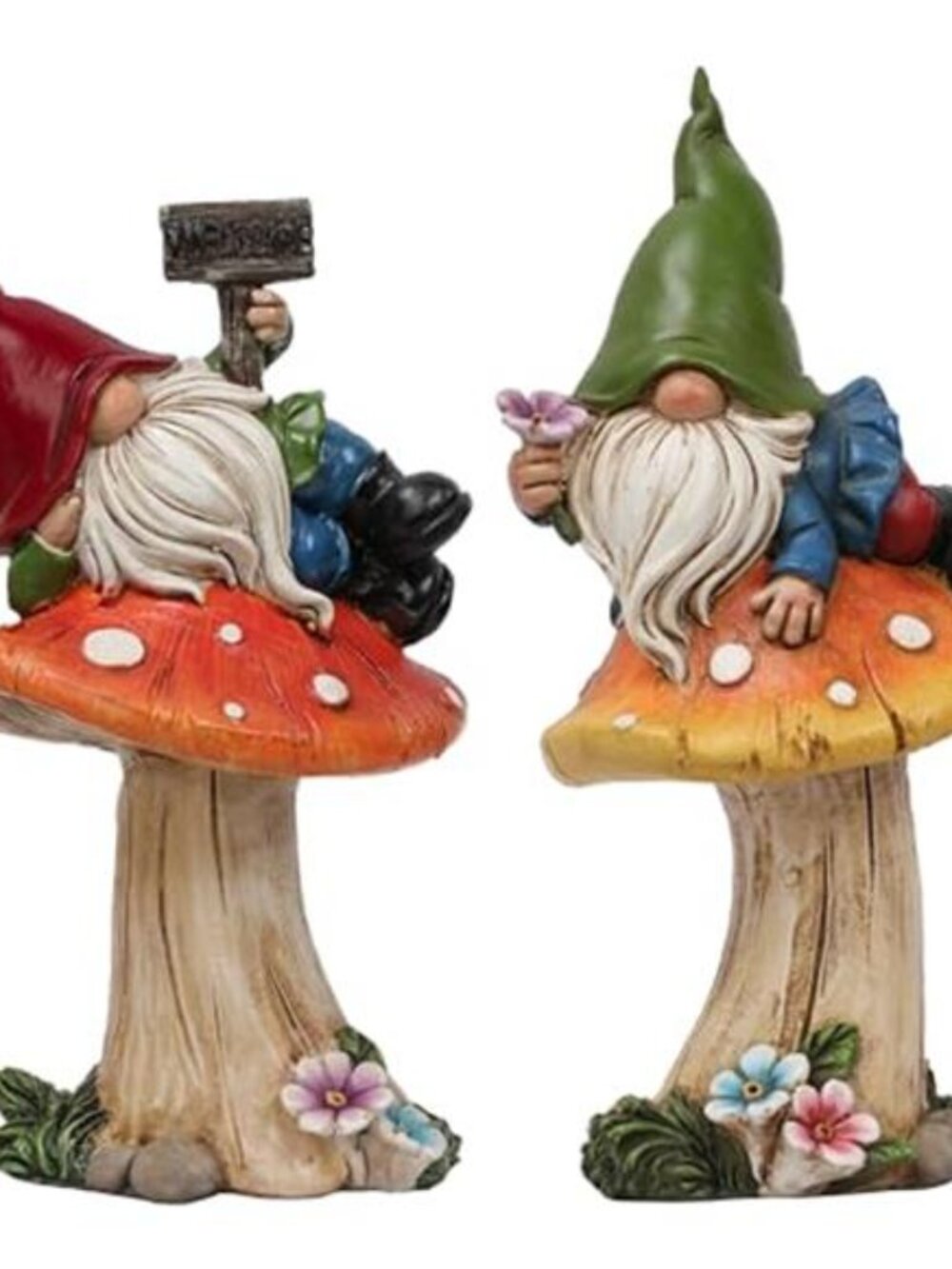 Garden Gnomes on Mushroom, Set of 2 Cute Resin Gnome